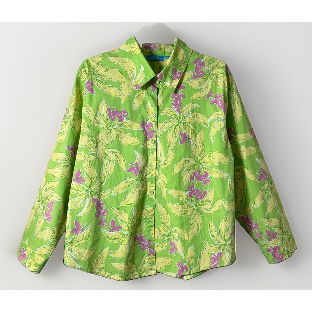 Cotton Connection Long Sleeve Lime Green Tropical Button Down Blouse Women's  XL
